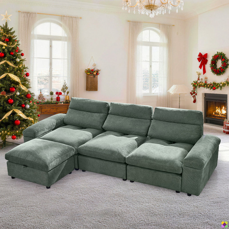 Praylow 114.2"W Polyester Upholstery Down Feather Filled Modular Sectional, Adjustable Backrest & Back Cushion, 22.8" Deapth Seat