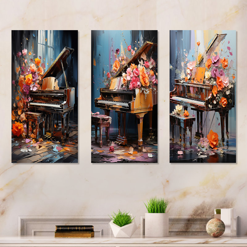 Floral Piano Magic Melody I - Music Piano Metal Wall Art Prints Set Of 3, 32" H x 48" W