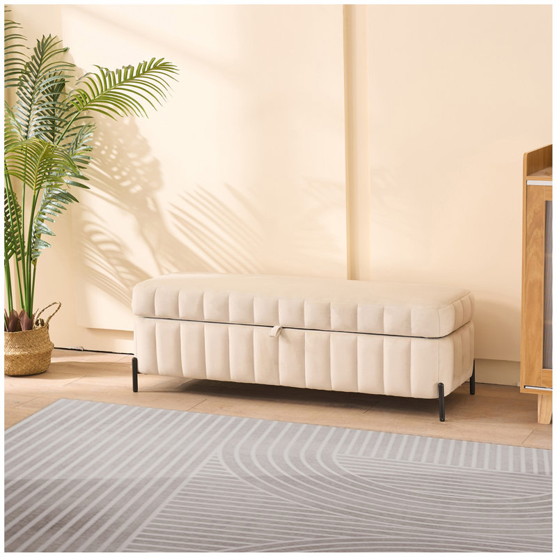 Banc de rangement en velours de 49,21 po de largeur pour le salon, l'entrée et la chambre à coucher., Beige