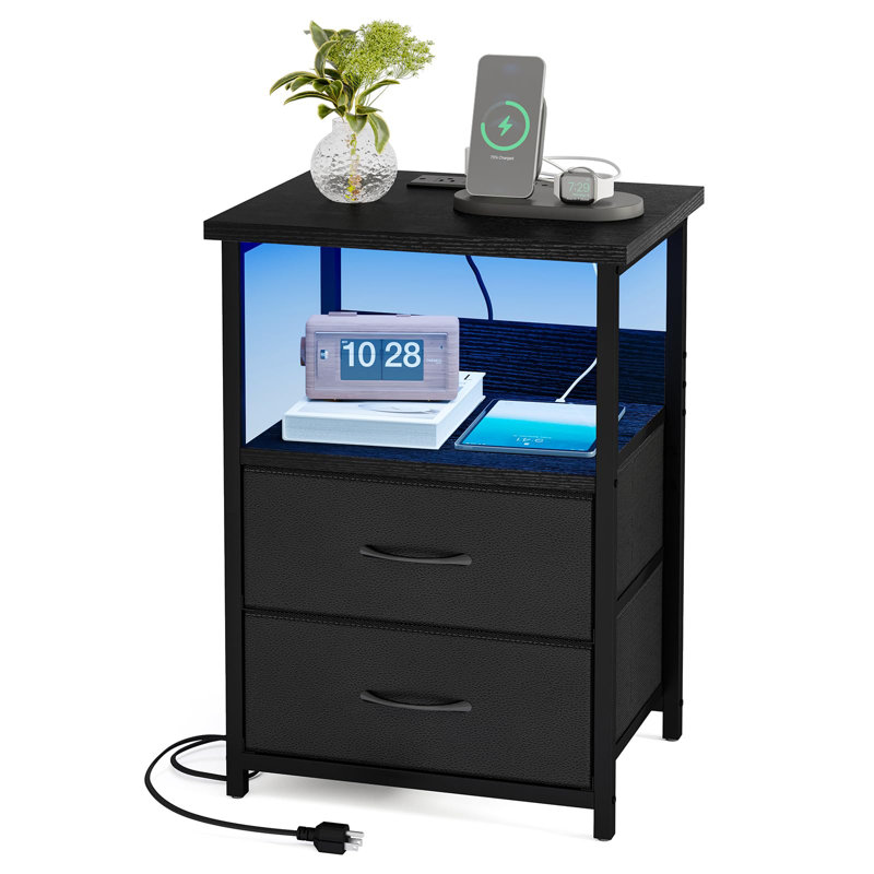Bedside Table With Charging Station With USB Ports And Sockets With PU Finish, Black