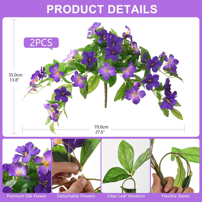 2 paquets de fleurs en soie artificielles réalistes résistantes aux rayons UV pour la décoration extérieure, le patio, le jardin, le porche et le style d'événement