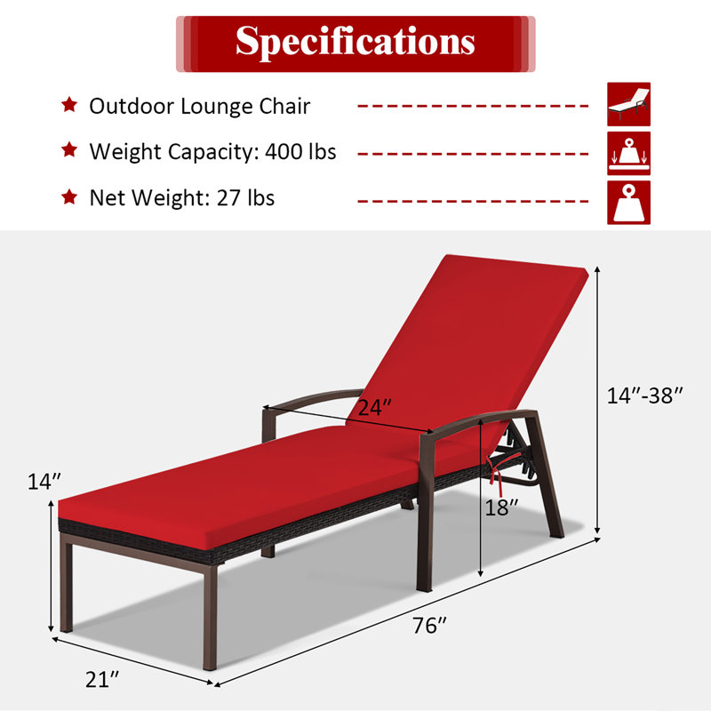 Patio Rattan Chaise Lounge Chair Outdoor Reclining Chaise Sun Lounger, Red, 1