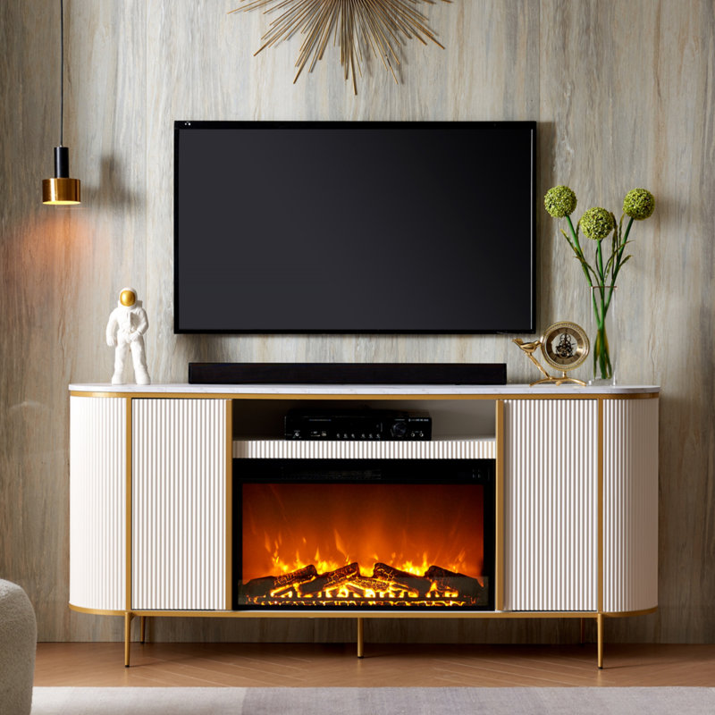 Iyes 70"W Media Console TV Stand for TVs up to 78" with Electric Fireplace Included, White