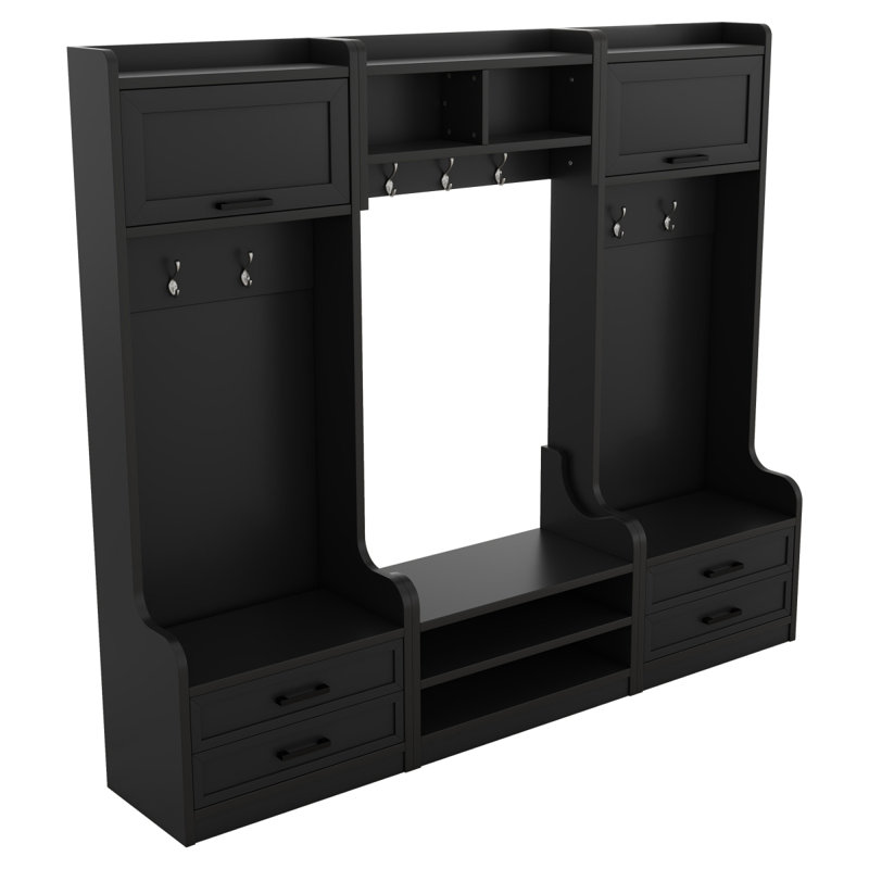 Portemanteau amovible 4 en 1 avec rangement et 7 crochets, portemanteau multifonctionnel avec tiroirs de rangement et armoire, banc à chaussures noir pour le vestibule