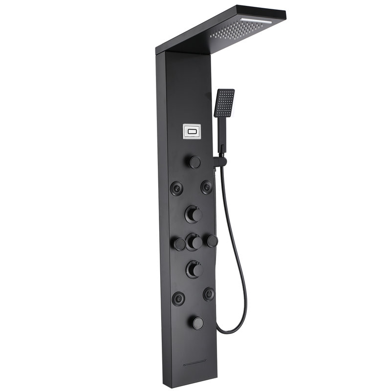 Rainfall Shower Panel System With Rainfall Waterfall Shower Head And Shower Wand, Matte Black