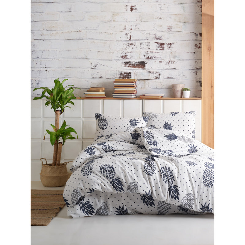Ensemble de housse de couette 100% coton vert / blanc Millendon, Housse de couette 61 po x 87 po + 1 taie d'oreille