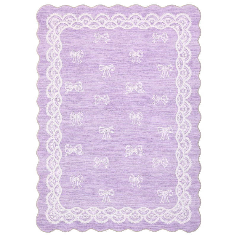 Scalloped Edge Bow Print Area Rug, Washable Non-Slip Low Pile Carpet for Living Room Bedroom, Cute Lace Border Soft Floor Mat for Home Decor