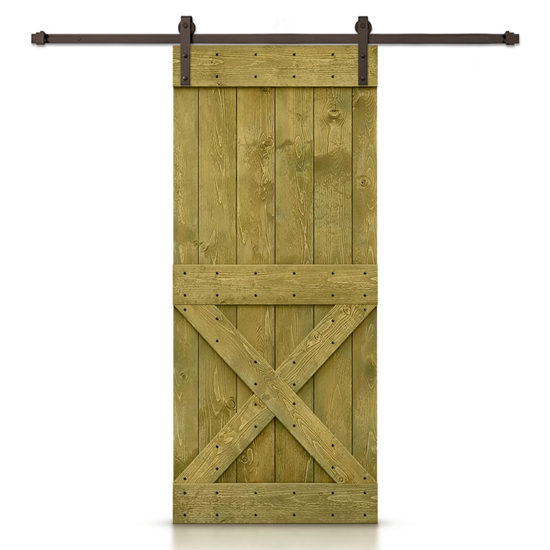 Panelled Wood and Metal Barn Door with Installation Hardware Kit, 36" x 84", Jungle Green, Matte Black