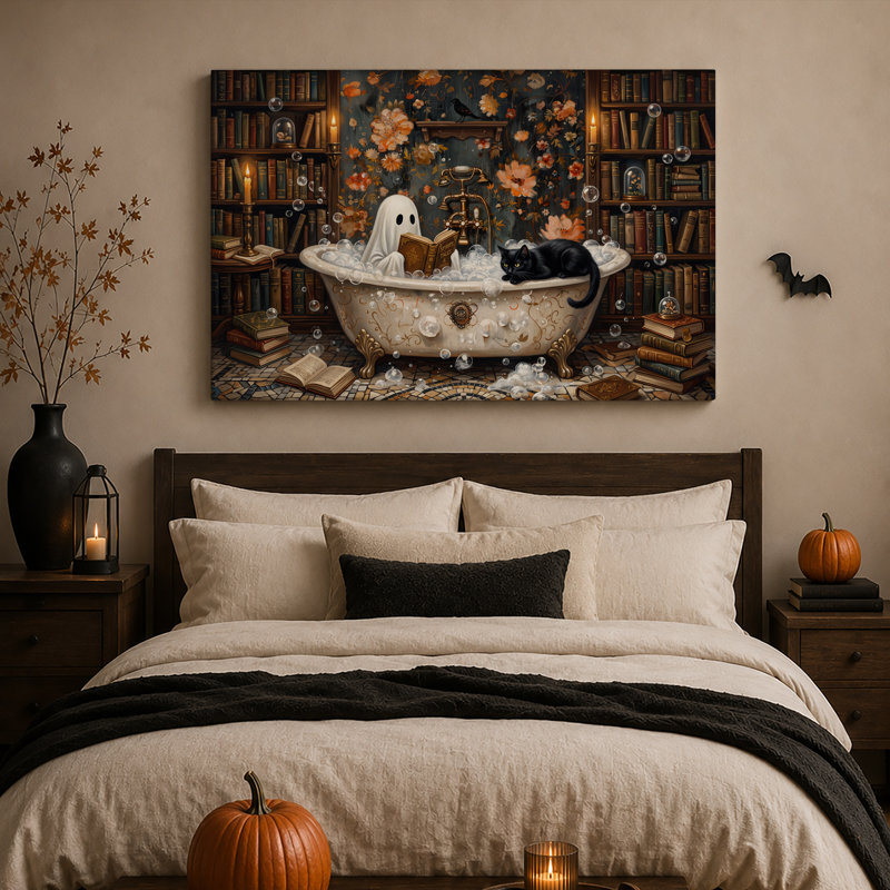 Fantôme et chat noir lisant un livre dans une baignoire, art mural d'Halloween sur toile, 12"H x 18"W