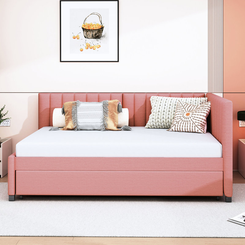 Lit de jour rembourré en tissu rose avec couchette et sans sommier polyvalent -, Rose