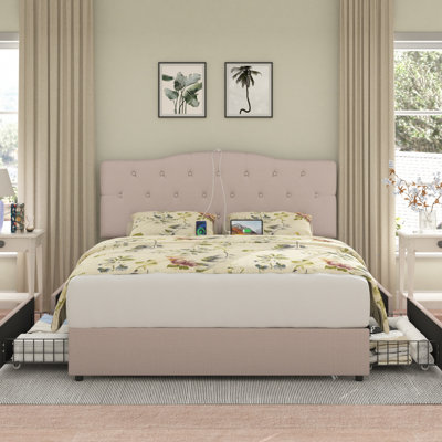 Kempst Upholstered Platform Bed Frame With 4 Storage Drawers And Saddle Curved Headboard, Mattress Foundation With Wooden Slats Support by Trent Austin Design
