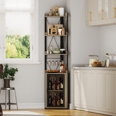 Armoire de bar industriel à 5 niveaux - Support en verre et tablettes réglables, porte en filet, espace de rangement pour la maison ou la cuisine - Couleur: grain de bois gris