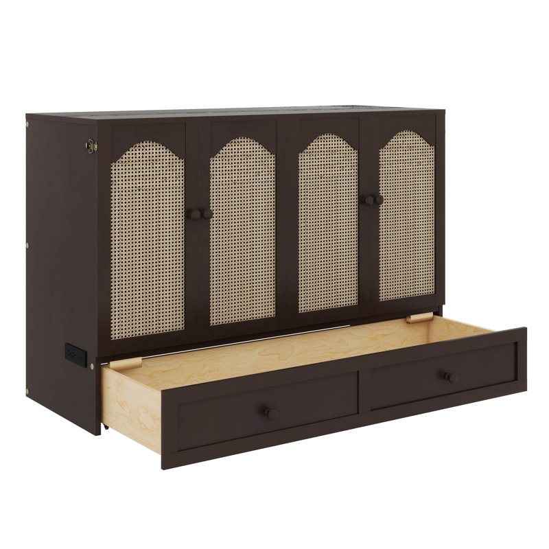 Armoire lit escamotable sophistiquée pour grand lit avec station de charge et grand tiroir de rangement, Espresso