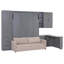 Grand lit escamotable mural avec rangement hydraulique, canapé, tablettes et tiroirs, éclairage DEL / USB, panneau gris foncé, canapé beige-129025318