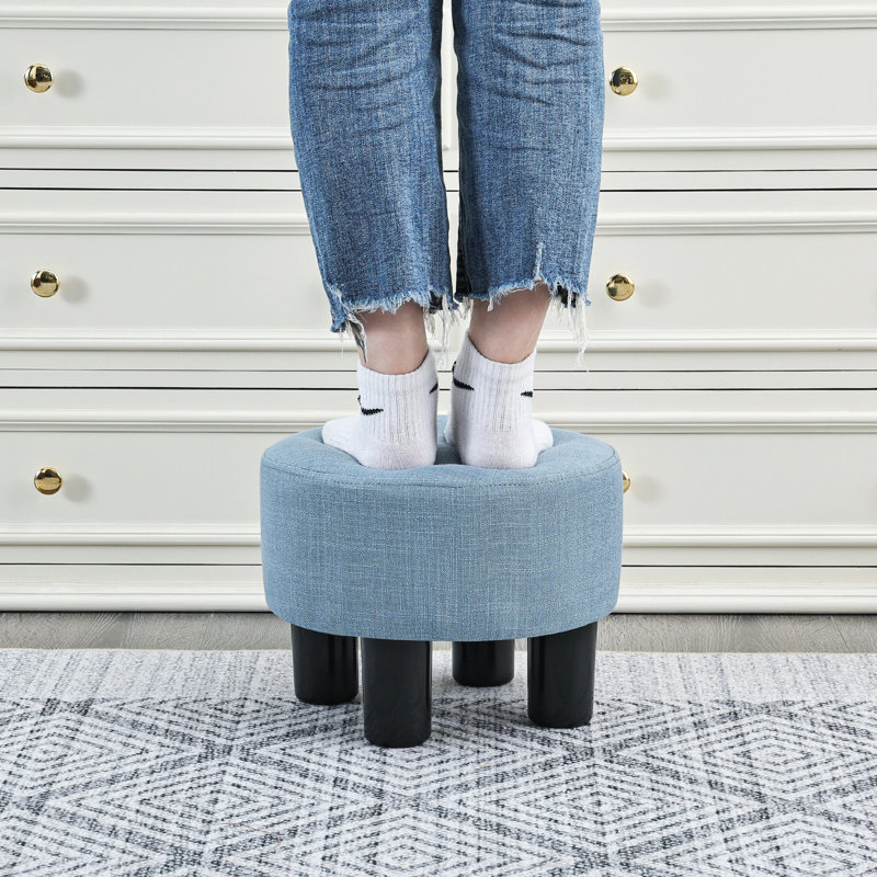 Round Footrest Ottoman Stool With Linen Upholstered, Blue