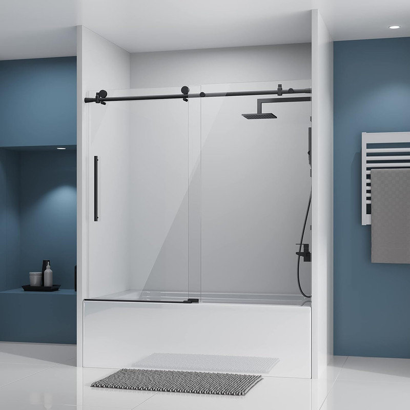 60" Sliding Shower Door 55-59" W, Brushed Stainless Steel Glass Door with Seal Strip & Handle, Black