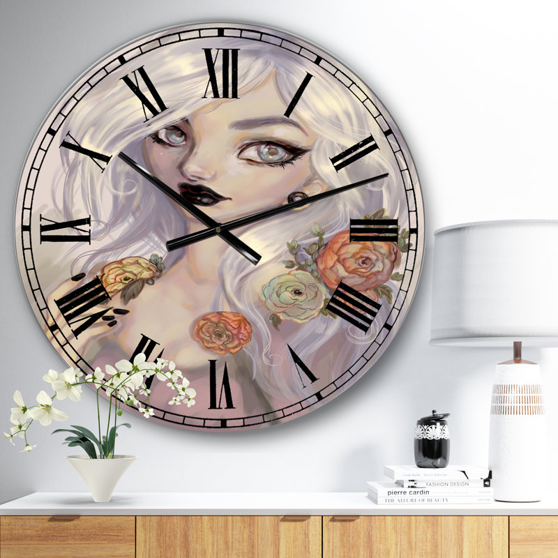 Fantaisie fille aux cheveux blancs et fleurs oranges - Horloge murale surdimensionnée, Surdimensionné