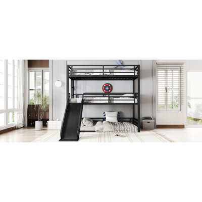 Lit superposé triple en métal noir de taille simple TG, glissade pour amusement, conception à réduction de bruit, barrière de sécurité, glissade, construction robuste, utilisation durable, sommeil, pleine longueur