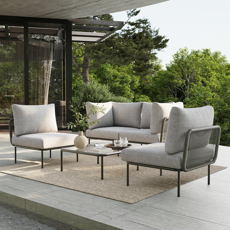 Ebern Designs 5 Pieces Aluminum Patio Furniture Set, Modern Modular Sectional Sofa with Coffee Table and Upgrade Thickness Cushion