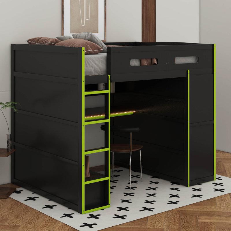 Lit mezzanine double en bois avec bureau, garde-robe, grand espace de rangement et lumière DEL RVB, Vert / noir