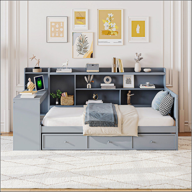 Lit de jour polyvalent en bois avec rangement et bureau intégré pour une fonctionnalité et un style ultimes