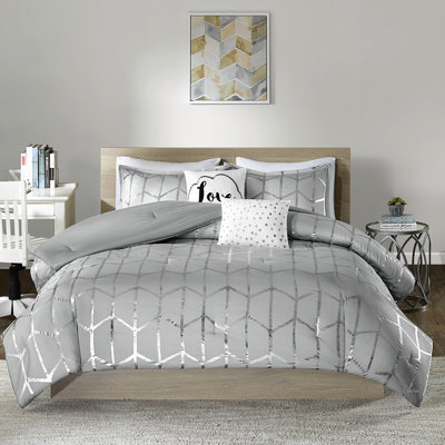 Classy Twin/Twin Xl Comforter With Metallic Printed Grey Bedspread And Appealing Square Pillow