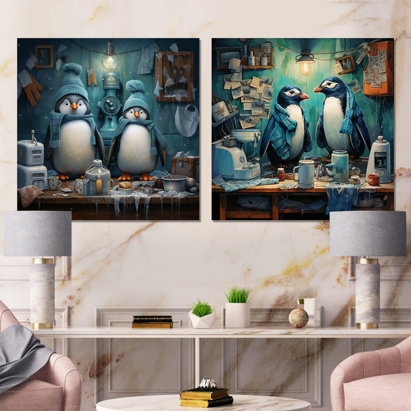 Chilly Penguins Laundry Room I - Ensemble de 2 reproductions d'art sur toile, Toile tendue, H 16 po x l 33 po x P 1 po