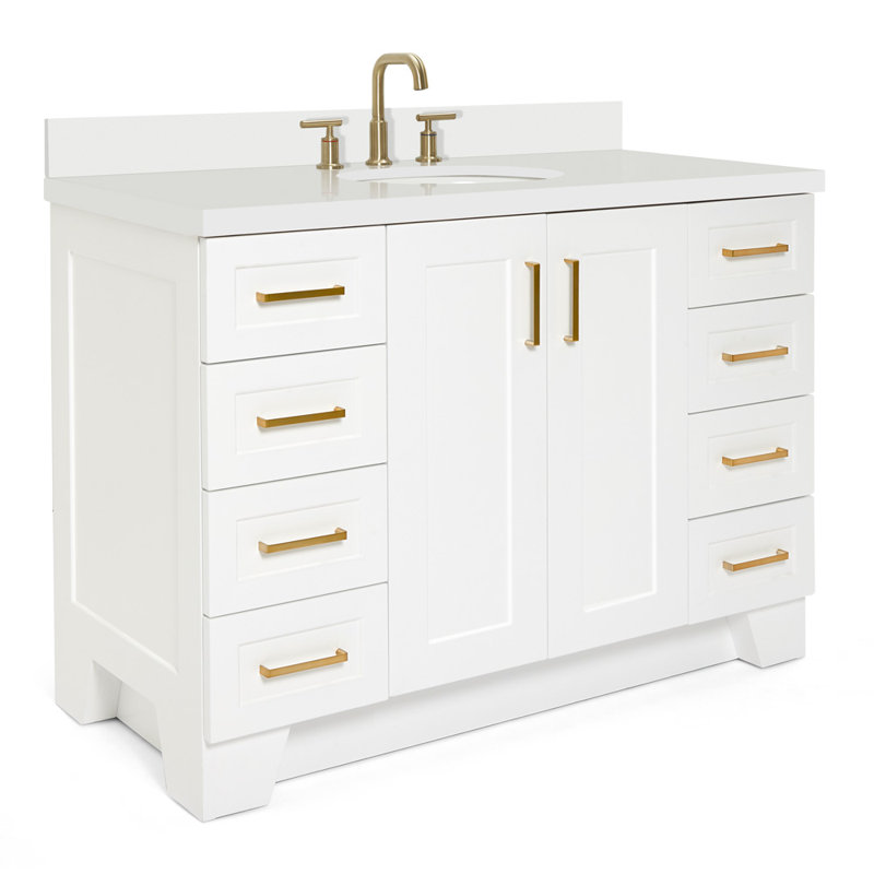 Freitas 48'' Solid Wood Single Bathroom Vanity, White, Oval, White Quartz