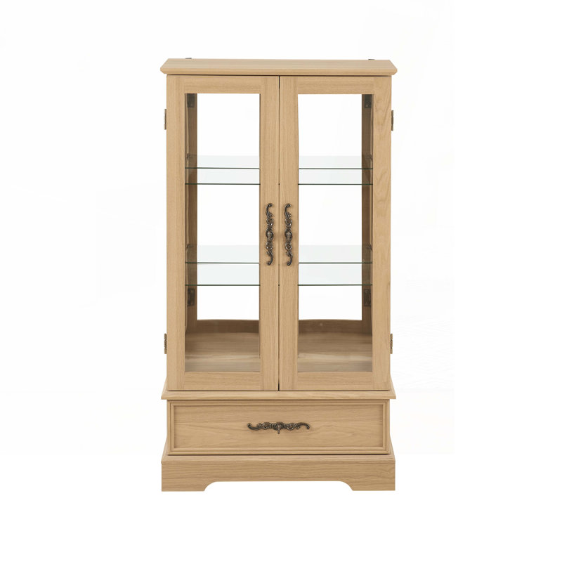 Display Cabinet with Adjustable Glass Shelves 2 Doors and 1 drawer Cabinet, Oak