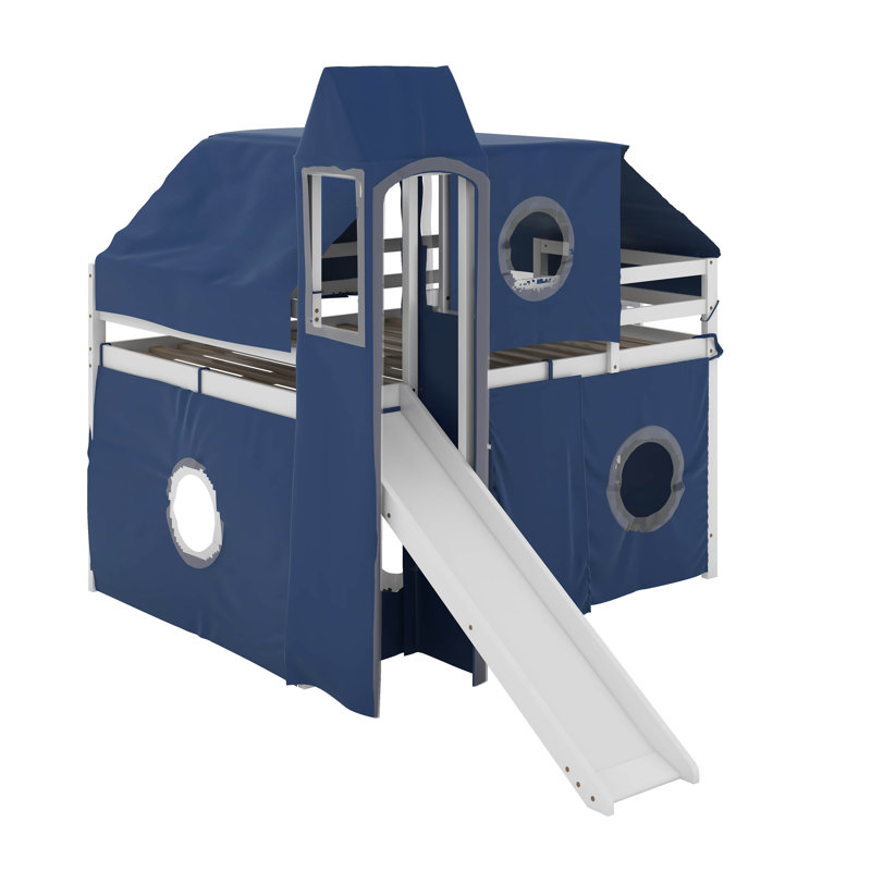 Lit mezzanine double avec tente et tour, Bleu