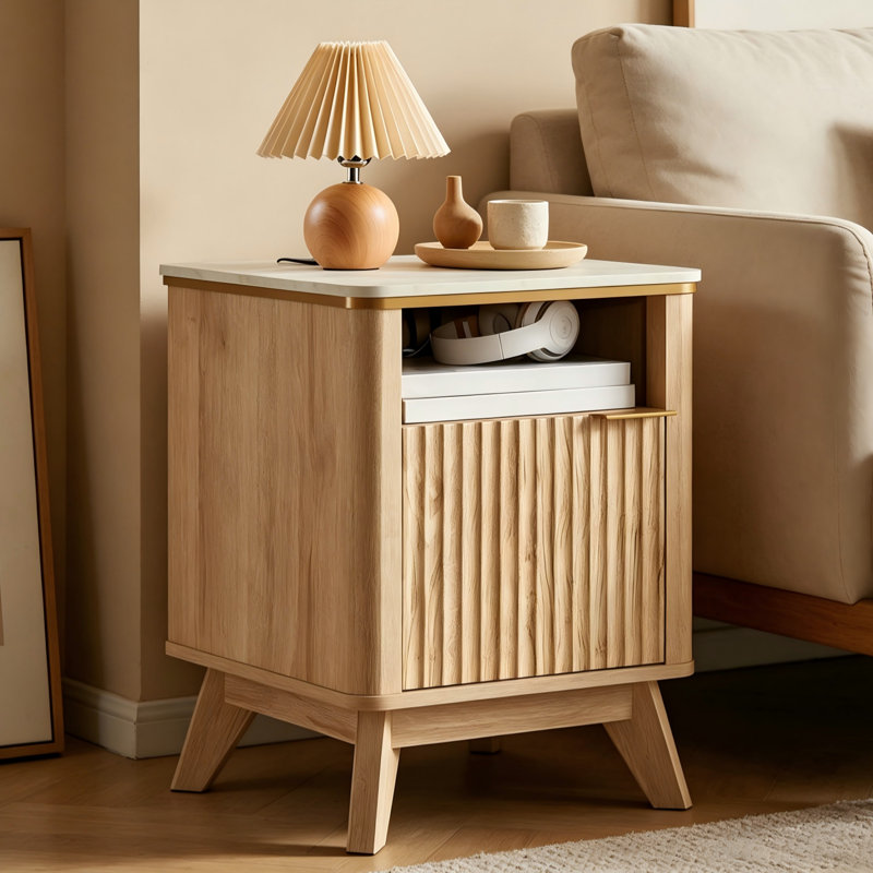Fluted Nightstand With Charging Station, Yellow/White