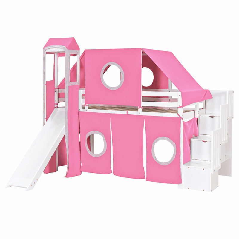 Lit mezzanine avec tente et tour, Simple, Rose