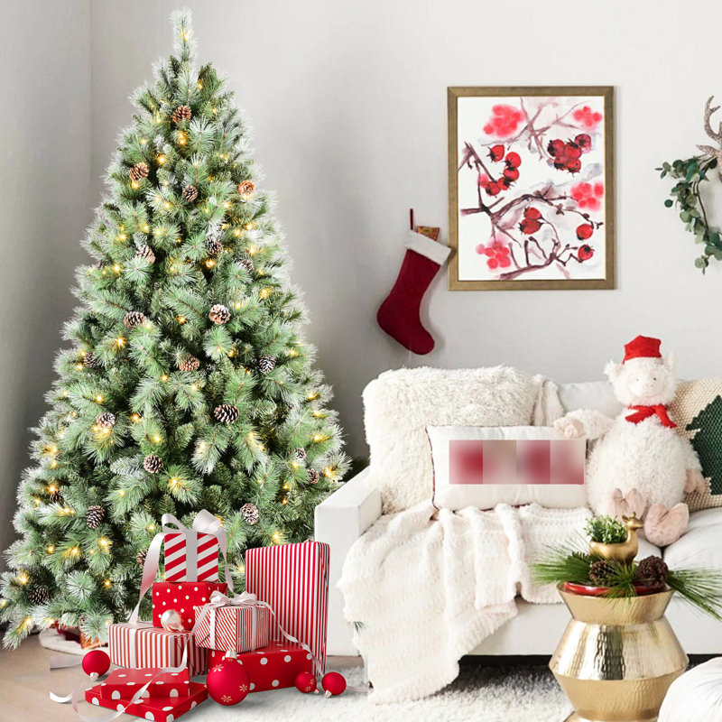 Arbre de Noël de 7 pi équipé de 400 lumières à DEL blanc chaud, 1348 pointes d'aiguilles mixtes et dures, 82 branches de pin, installation facile à charnières pour un joyeux matin, branches pré-enfilées, assemblage sans effort et