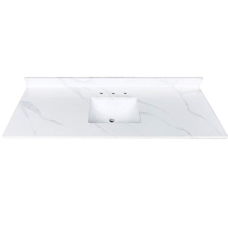 Dessus de meuble-lavabo en quartz 61 po avec lavabo simple encastré au centre, 4 dosserets hauts, 3 trous de robinet, blanc, chauffant, comptoir blanc idéal pour la décoration, salles de bain principales pré-percées