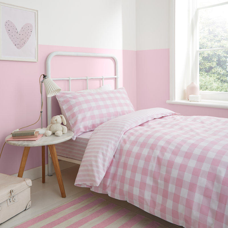 Check and Stripe Reversible 100% Cotton Duvet Cover Set with Pillowcases, Pink, Single - 2 Standard Pillowcases