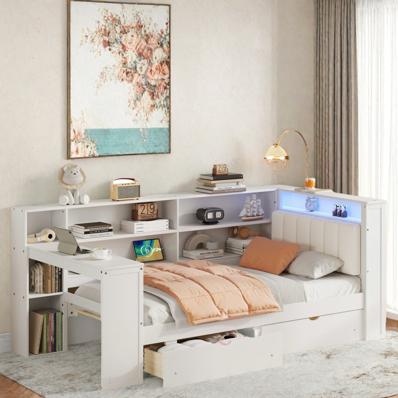 Wood Daybed With Storage Shelves, 2 Drawers, Charging Station, Led, Desk And Upholstered Headboard, White/Beige, Twin