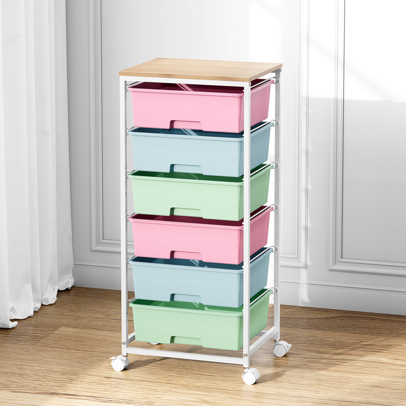 Rolling Storage Drawers with Wheels ,Utility Cart with 6 Large Drawers and Wooden Tabletop, Blue/Pink/White