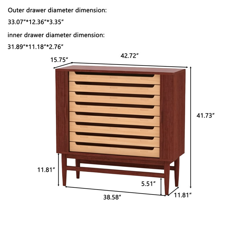 Meuble à bijoux vintage de style milieu du siècle en bois de cerisier à plusieurs tiroirs (42,72 po) – Assemblage à queue d'aronde, grand espace de rangement compartimenté pour bijoux et accessoires, tiroirs sans poignées à rainure en U