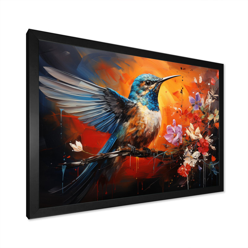 Teal Orange Hummingbird Enchanting Hum Collage - Animals Canvas Art Print, Cadre photo noir, H 12 po x l 20 po x P 1 po