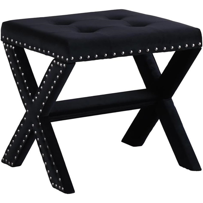 Banc d'appoint rembourré en velours avec garniture cloutée, Noir