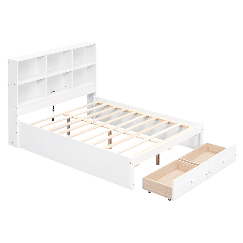 Lit plateforme double blanc avec tête de lit avec rangement et fonction de chargement - 2 tiroirs, bois pour chambre à coucher