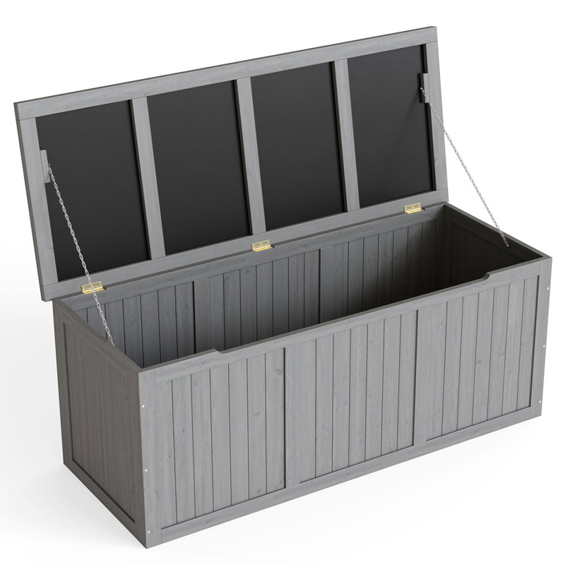 Coffre de terrasse en bois naturel de 112 gallons avec finition en bois naturel pour l'extérieur - piscine spacieuse, sécuritaire et nécessitant peu d'entretien, coussins de patio, équipement de jardin résistant aux intempéries - facile à utiliser