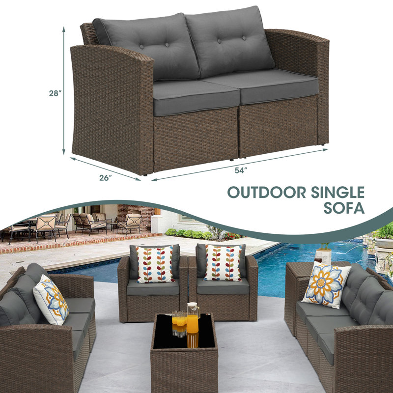54'' Wide Wicker Loveseat with Cushions, Brown, Dark Grey