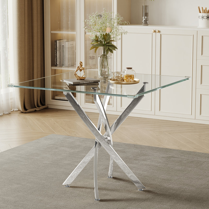 Glass Top Metal Base Dining Table, Silver