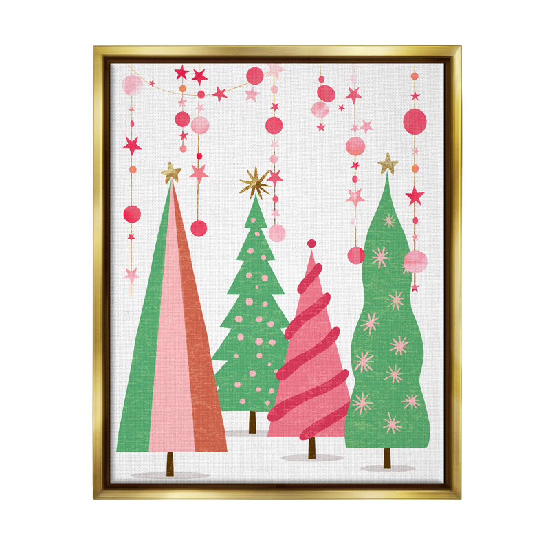 «Pink & Green Christmas Trees» par Ziwei Li, impression, H 21 po x l 17 po x P 1,7 po, Cadre flottant métallique doré