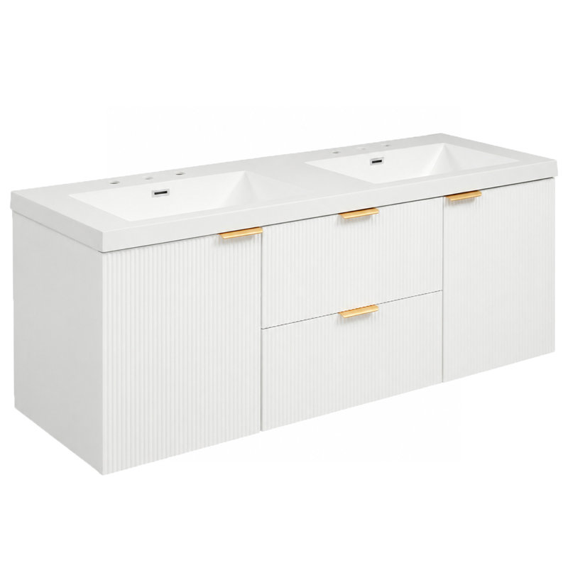59.3 Inch Double Sink Bathroom Vanity with SMC Resin Top and Painted MDF Cabinet, Wall-Mounted Modern Storage Vanity with Soft Close Doors and Divided Drawers