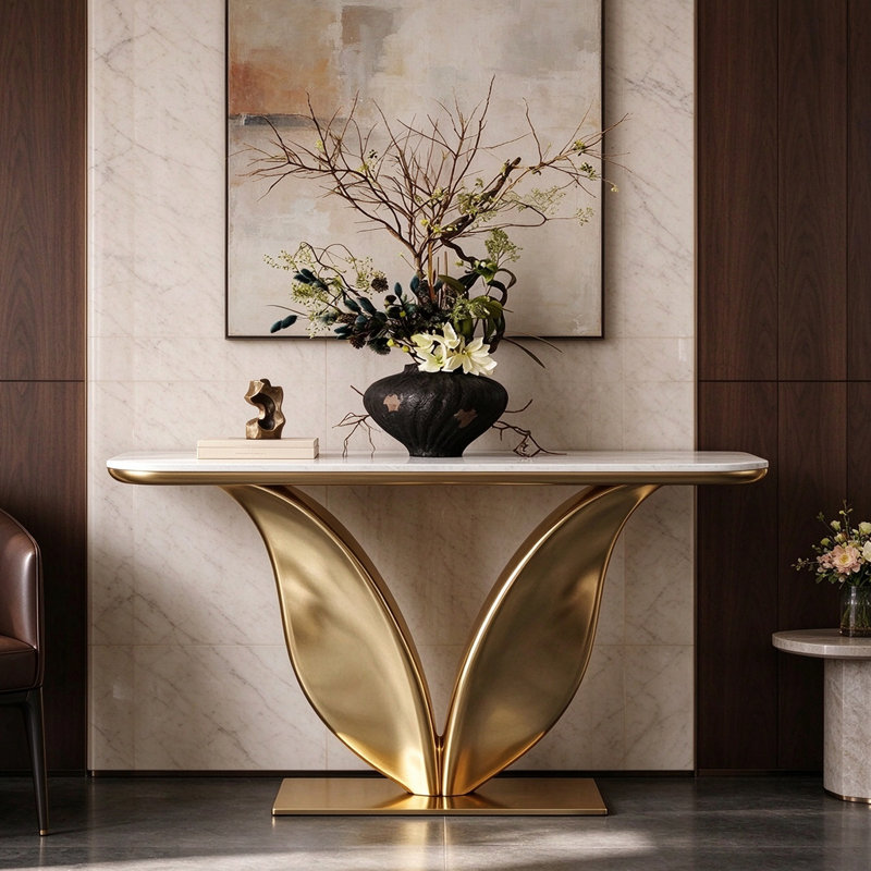 Marble Top Console Table, H 33,5 po x l 47,2 po x P 13,8 po
