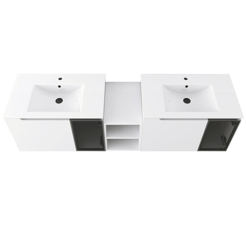 Meuble-lavabo moderne et spacieux avec lavabo en céramique, finition blanche brillante pour la salle de bain