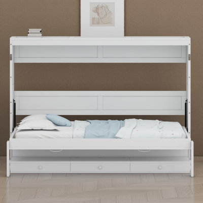 Lit escamotable mural peu encombrant avec rangement, bureau de coiffeuse pliable, miroir central et tiroirs latéraux