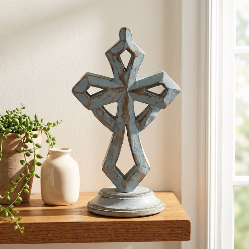 Croix de table en bois sculpté à la main Hadmar Isle of Capri, finition turquoise patinée